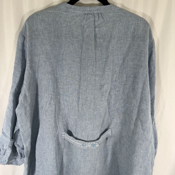 Potery 100% Linen Maxi Dress Womens 18 Blue Front Pockets Long Sleeve Round Neck - Picture 12 of 14
